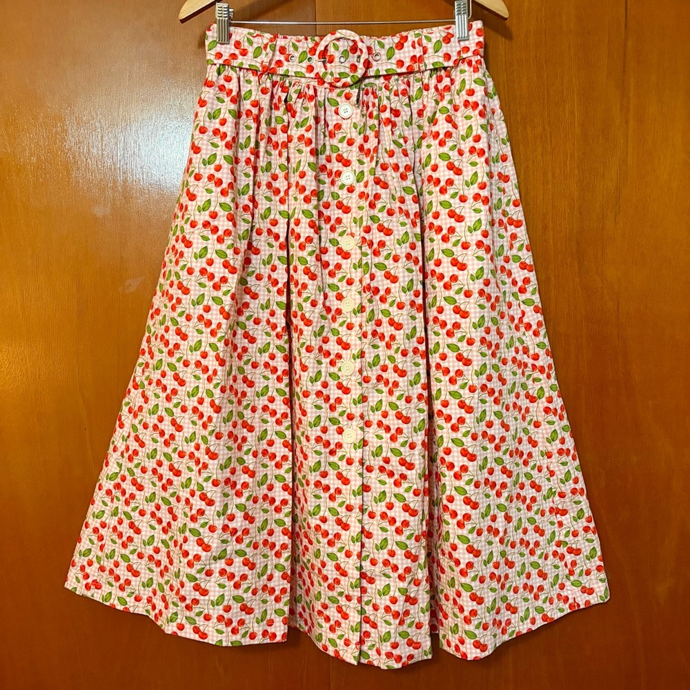 Modcloth Pink Gingham Cherry Print Full Midi Skir… - image 2